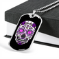 Calavera Mexican Sugar White Violet Sugar Skull Necklace Stainless Steel or 18k Gold Dog Tag 24" Chain-Express Your Love Gifts