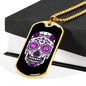 Calavera Mexican Sugar White Violet Sugar Skull Necklace Stainless Steel or 18k Gold Dog Tag 24" Chain-Express Your Love Gifts
