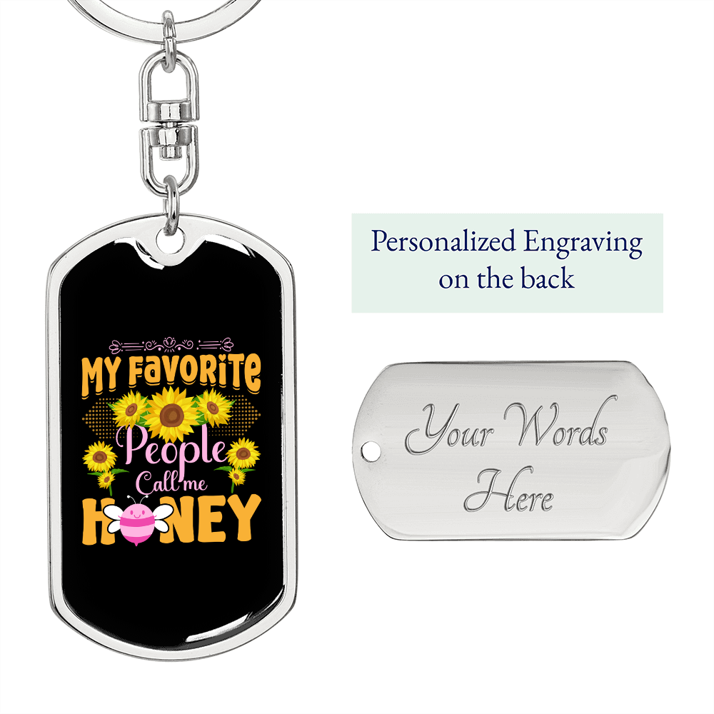 Call Me Honey Sunflower Mom Keychain Stainless Steel or 18k Gold Dog Tag Keyring-Express Your Love Gifts