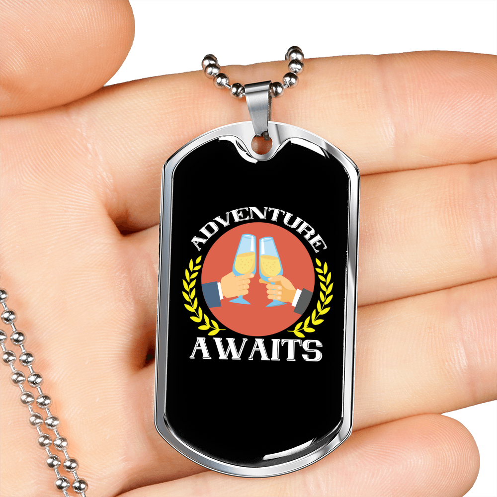Camper Necklace Adventure Awaits Cheers! Necklace Stainless Steel or 18k Gold Dog Tag 24" Chain-Express Your Love Gifts