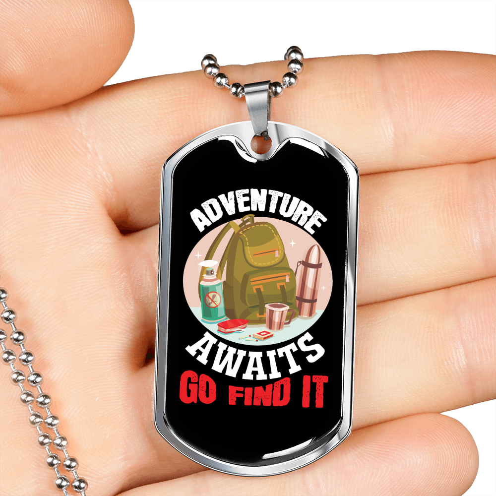Camper Necklace Adventure Awaits Go Find It Backpack Necklace Stainless Steel or 18k Gold Dog Tag 24" Chain-Express Your Love Gifts