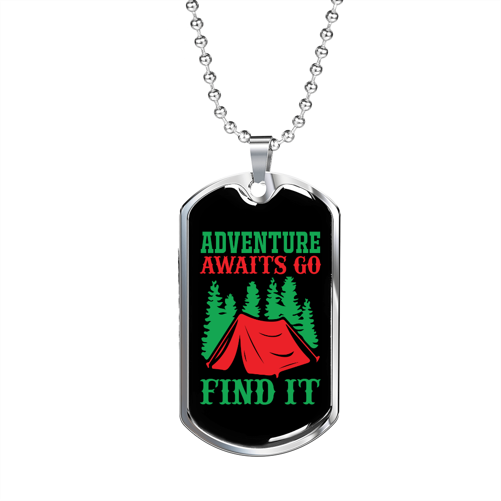 Camper Necklace Adventure Awaits Go Find It Green Necklace Stainless Steel or 18k Gold Dog Tag 24" Chain-Express Your Love Gifts
