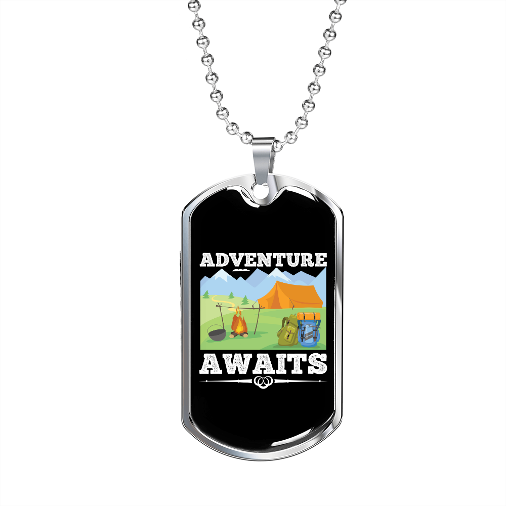 Camper Necklace Adventure Awaits Necklace Stainless Steel or 18k Gold Dog Tag 24" Chain-Express Your Love Gifts