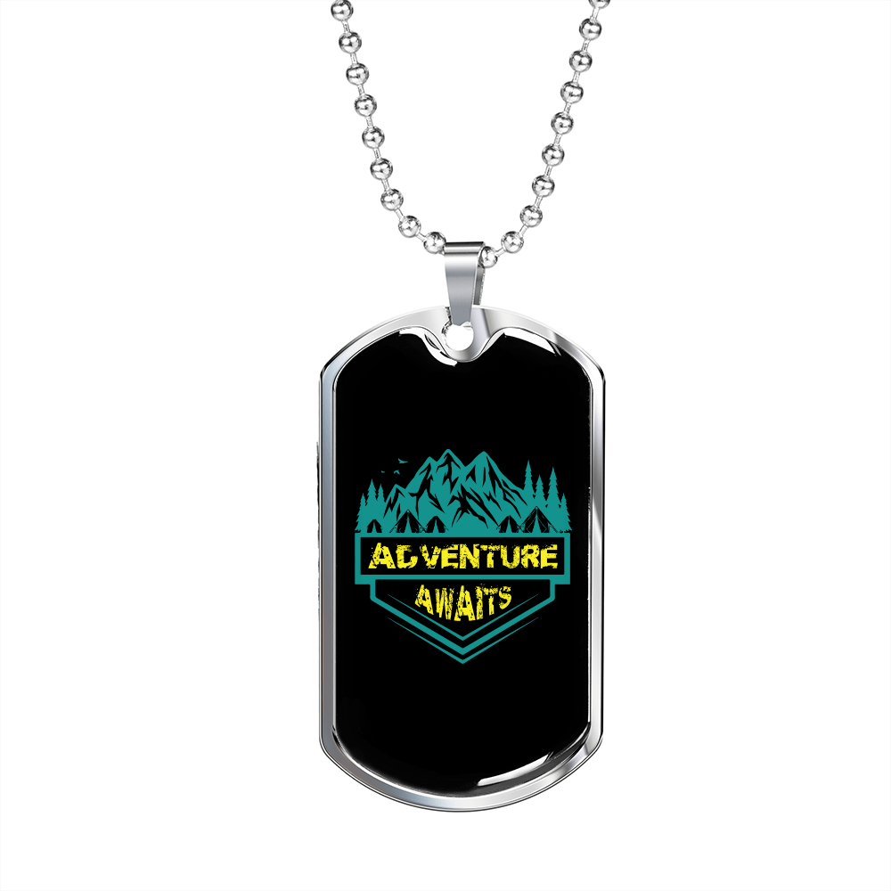 Camper Necklace Adventure Awaits Necklace Stainless Steel or 18k Gold Dog Tag 24" Chain-Express Your Love Gifts