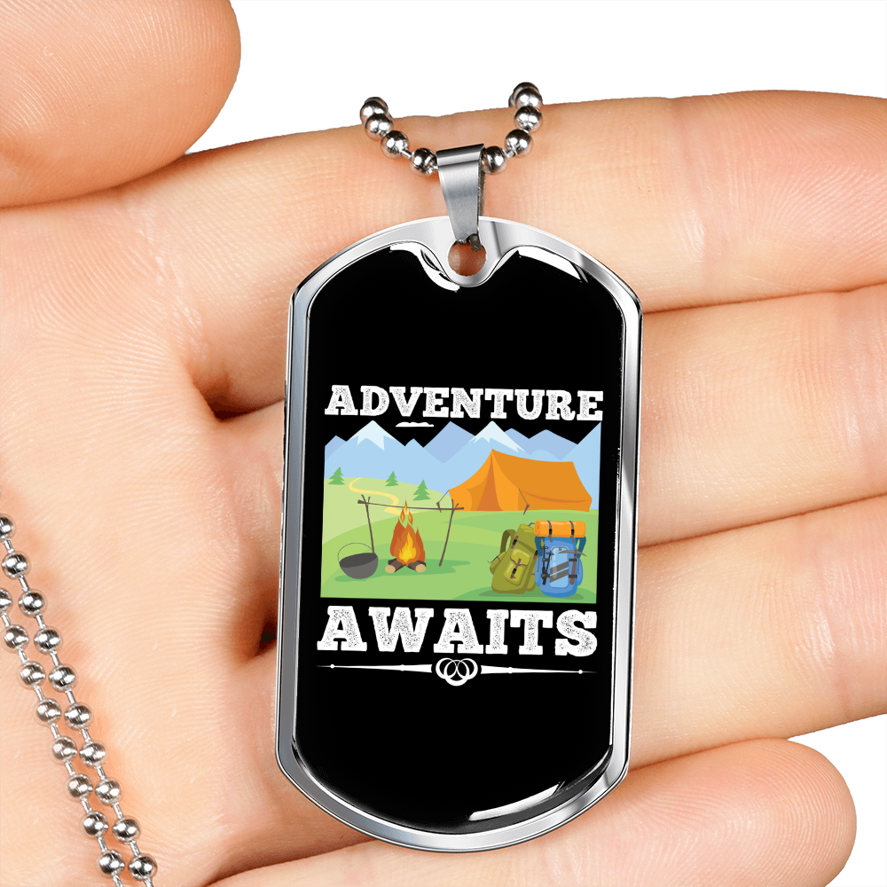 Camper Necklace Adventure Awaits Necklace Stainless Steel or 18k Gold Dog Tag 24" Chain-Express Your Love Gifts
