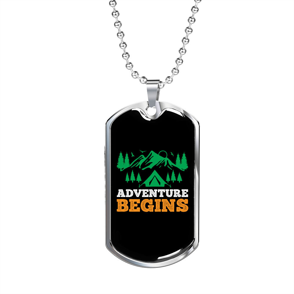 Camper Necklace Adventure Begins Necklace Stainless Steel or 18k Gold Dog Tag 24" Chain-Express Your Love Gifts