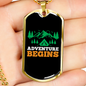 Camper Necklace Adventure Begins Necklace Stainless Steel or 18k Gold Dog Tag 24" Chain-Express Your Love Gifts