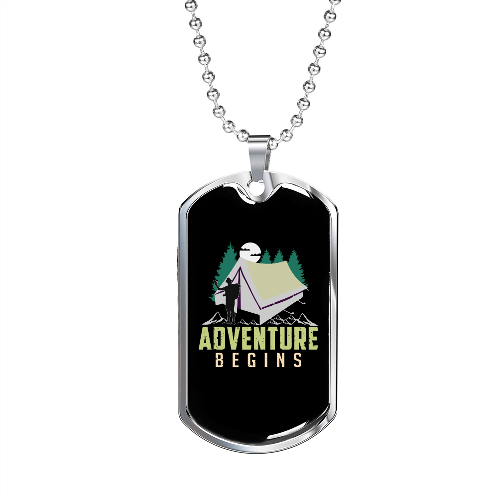 Camper Necklace Adventure Begins Tent Necklace Stainless Steel or 18k Gold Dog Tag 24" Chain-Express Your Love Gifts