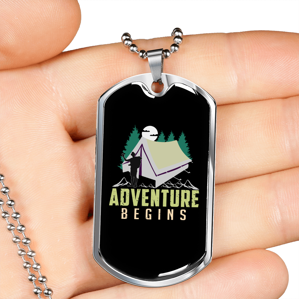 Camper Necklace Adventure Begins Tent Necklace Stainless Steel or 18k Gold Dog Tag 24" Chain-Express Your Love Gifts