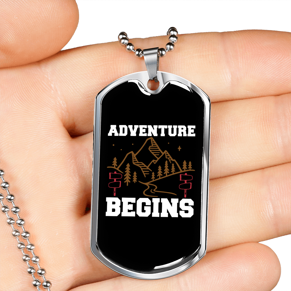 Camper Necklace Adventure Begins White Necklace Stainless Steel or 18k Gold Dog Tag 24" Chain-Express Your Love Gifts