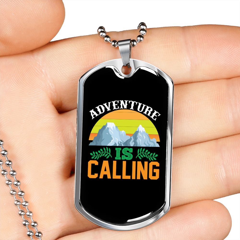 Camper Necklace Adventure is Calling White Mountains Necklace Stainless Steel or 18k Gold Dog Tag 24" Chain-Express Your Love Gifts