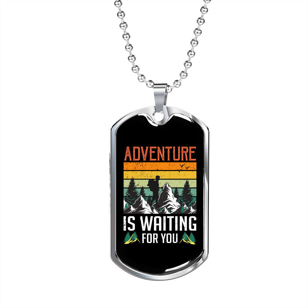 Camper Necklace Adventure is Waiting For You Backpacker Necklace Stainless Steel or 18k Gold Dog Tag 24" Chain-Express Your Love Gifts
