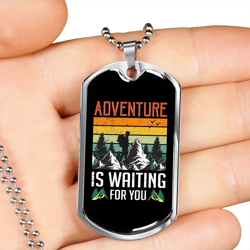 Camper Necklace Adventure is Waiting For You Backpacker Necklace Stainless Steel or 18k Gold Dog Tag 24" Chain-Express Your Love Gifts