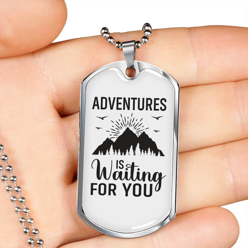 Camper Necklace Adventure is Waiting For You Necklace Stainless Steel or 18k Gold Dog Tag 24" Chain-Express Your Love Gifts