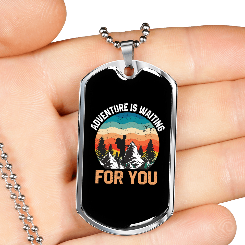 Camper Necklace Adventure is Waiting Necklace Stainless Steel or 18k Gold Dog Tag 24" Chain-Express Your Love Gifts