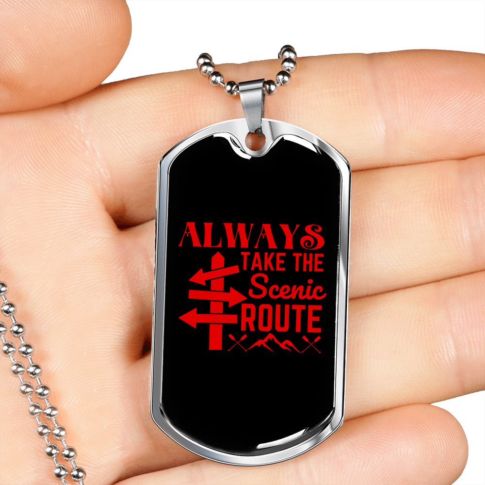 Camper Necklace Always Take The Scenic Route Necklace Stainless Steel or 18k Gold Dog Tag 24" Chain-Express Your Love Gifts