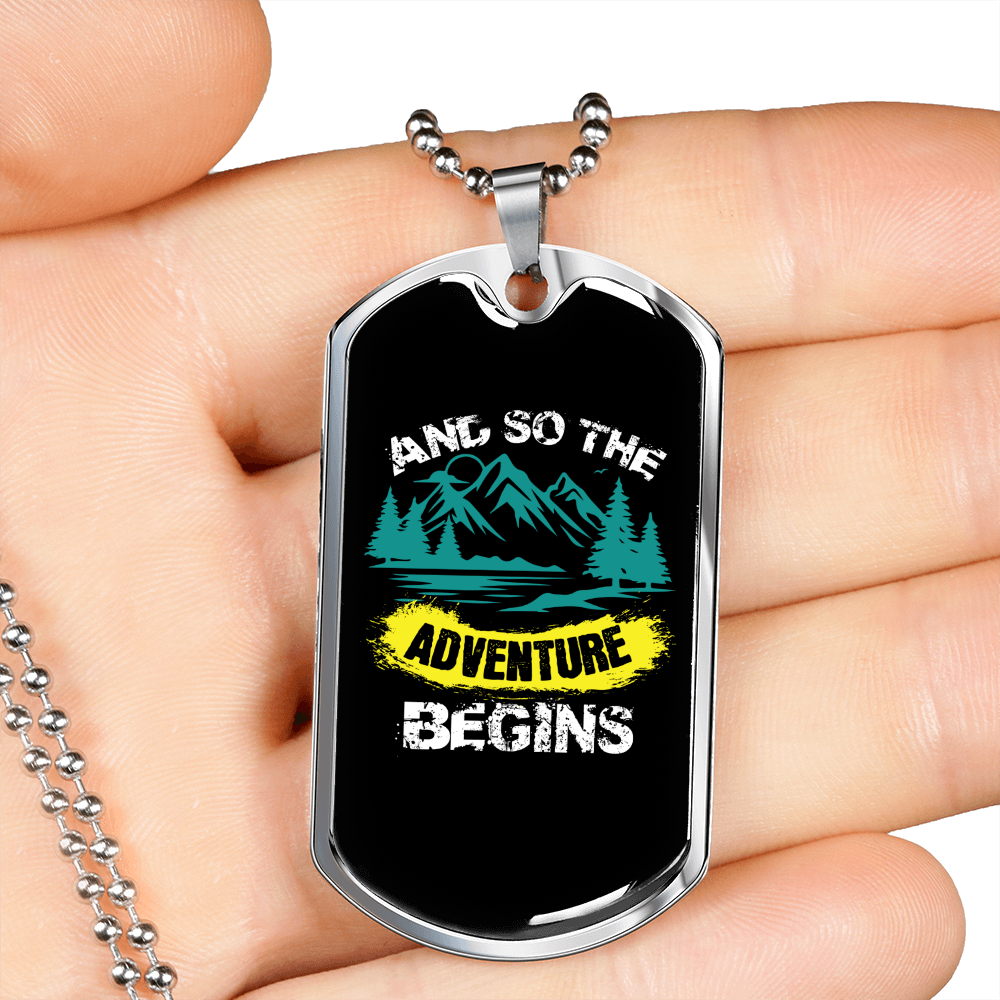 Camper Necklace And So The Adventure Begins Blue Necklace Stainless Steel or 18k Gold Dog Tag 24" Chain-Express Your Love Gifts