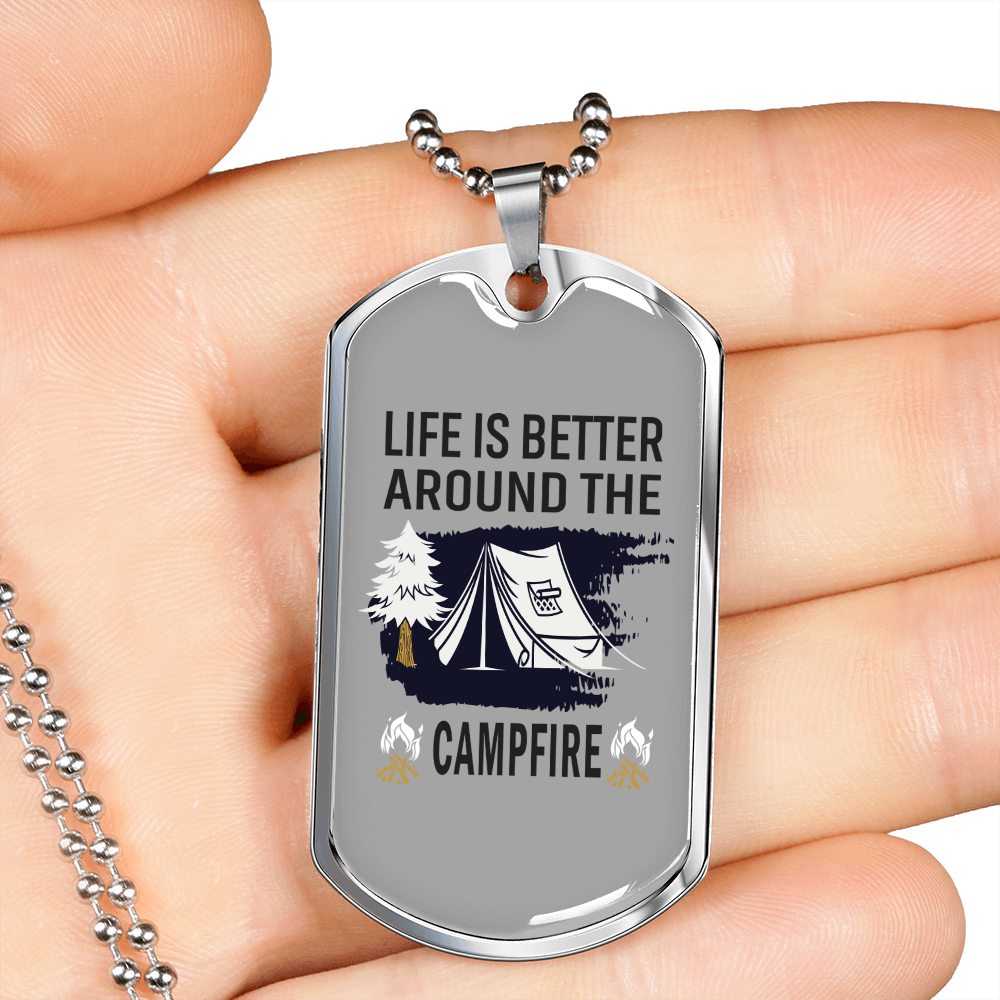 Camper Necklace Around The Campfire Necklace Stainless Steel or 18k Gold Dog Tag 24" Chain-Express Your Love Gifts