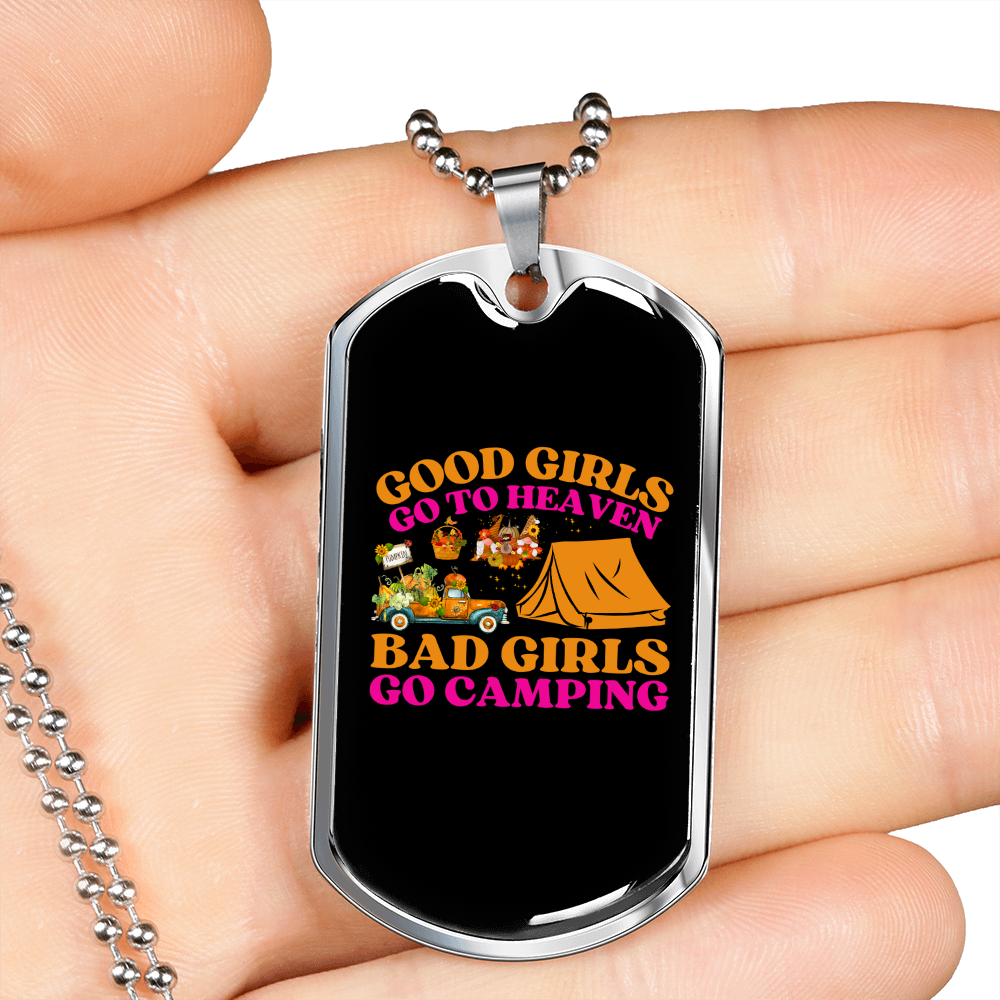 Camper Necklace Bad Girls Go Camping Necklace Stainless Steel or 18k Gold Dog Tag 24" Chain-Express Your Love Gifts