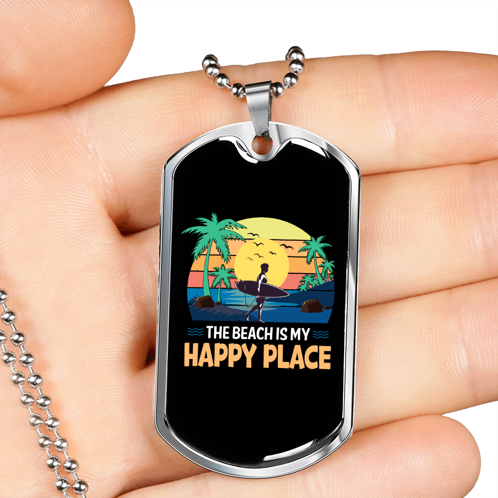 Camper Necklace Beach Happy Face Necklace Stainless Steel or 18k Gold Dog Tag 24" Chain-Express Your Love Gifts
