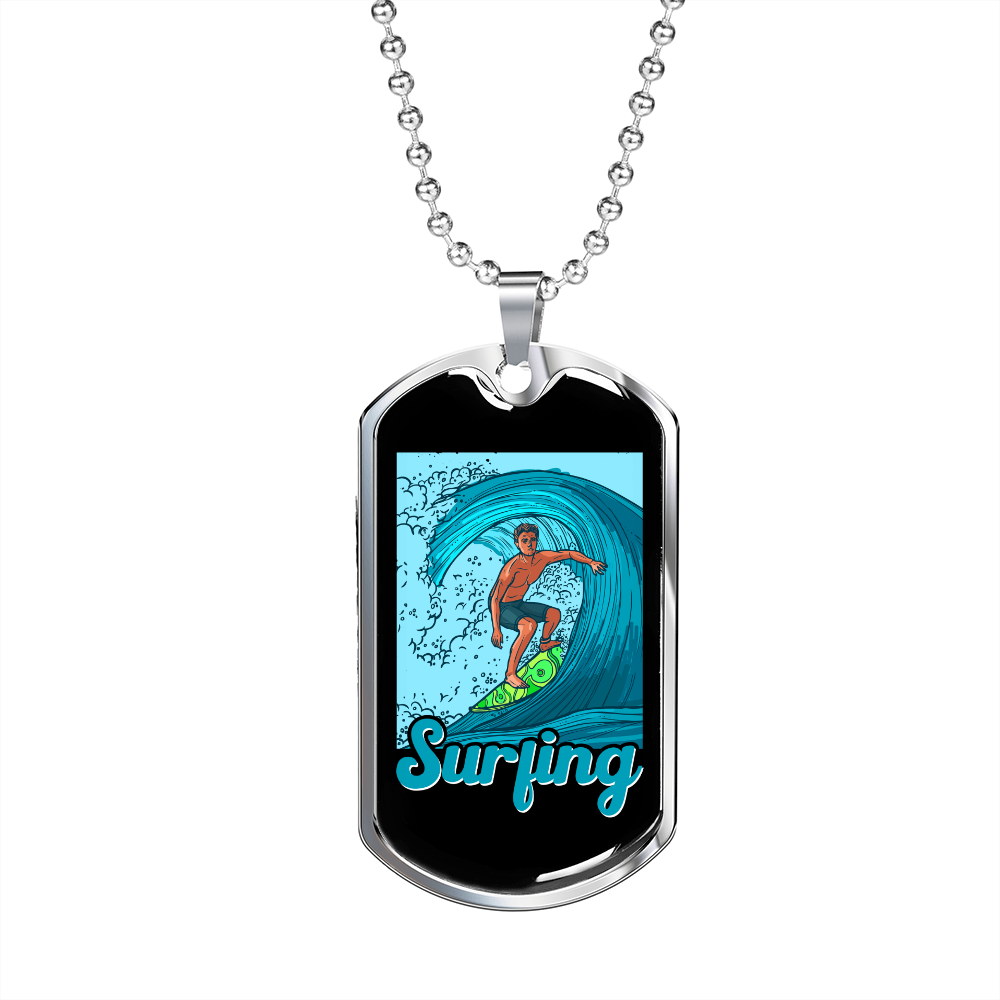 Camper Necklace Blue Surfing Water Necklace Stainless Steel or 18k Gold Dog Tag 24" Chain-Express Your Love Gifts