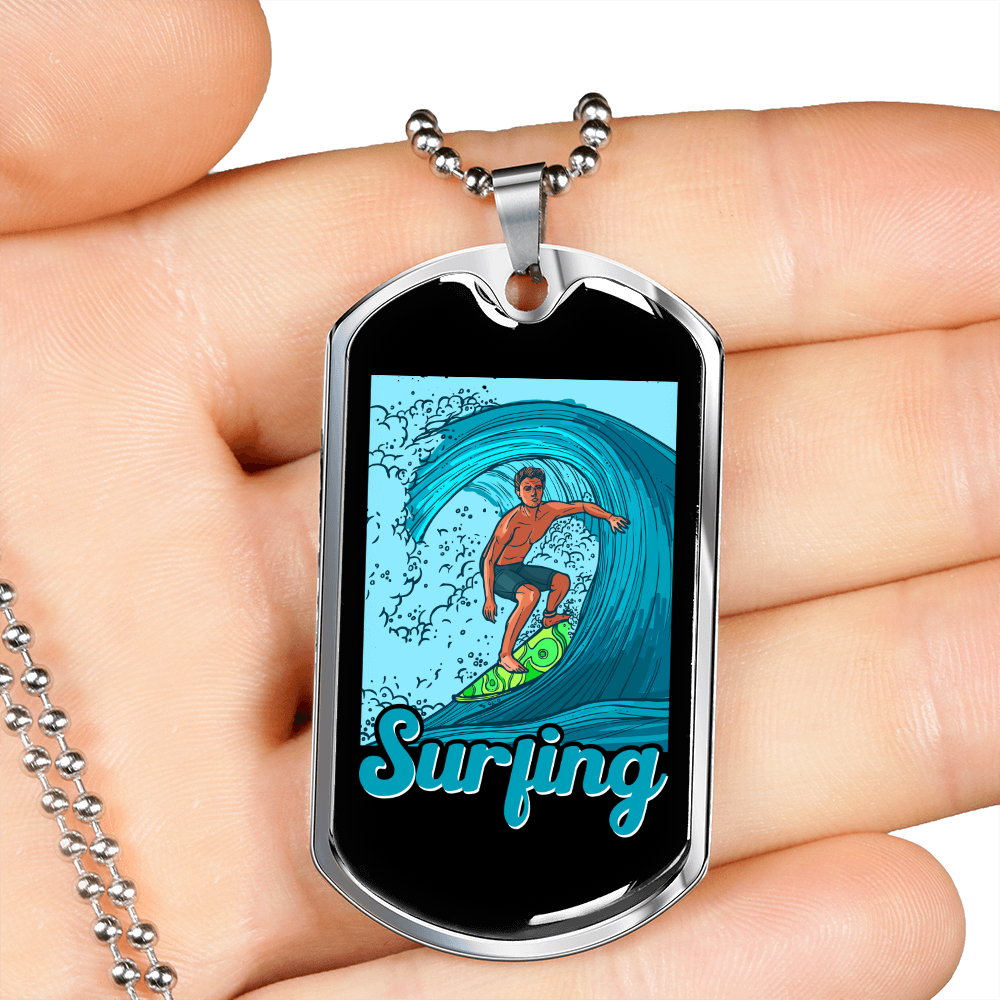 Camper Necklace Blue Surfing Water Necklace Stainless Steel or 18k Gold Dog Tag 24" Chain-Express Your Love Gifts