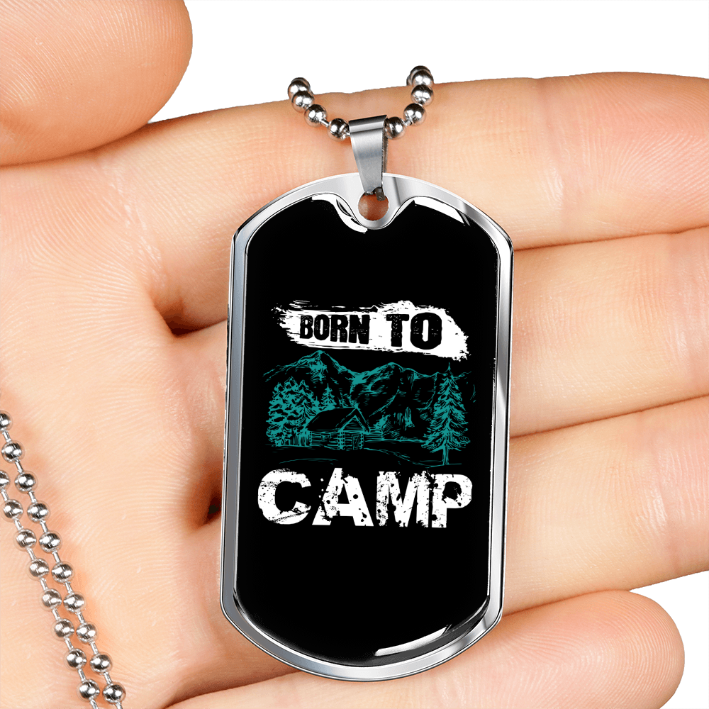 Camper Necklace Born To Camp Necklace Stainless Steel or 18k Gold Dog Tag 24" Chain-Express Your Love Gifts