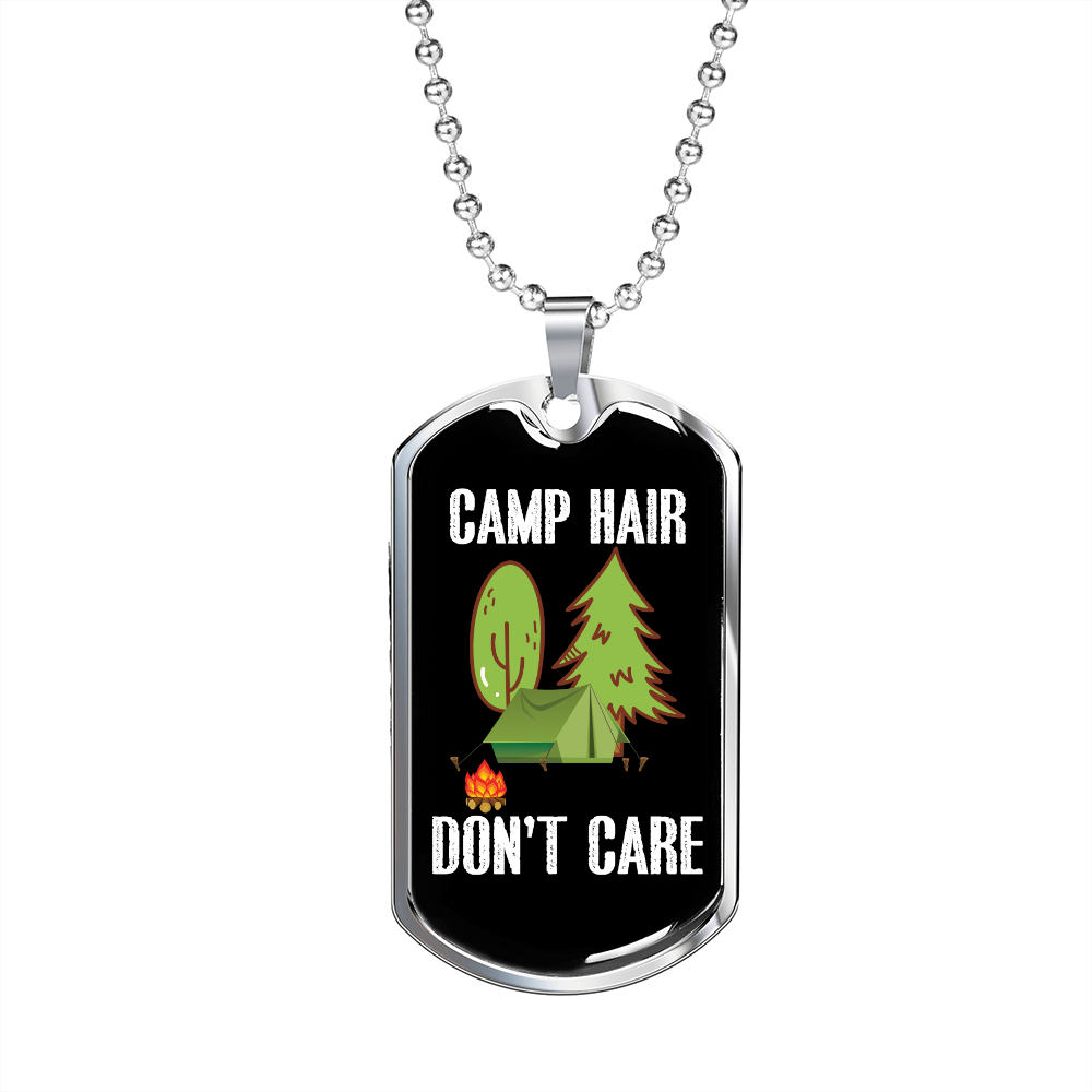 Camper Necklace Camp Hair Don't Care Necklace Stainless Steel or 18k Gold Dog Tag 24" Chain-Express Your Love Gifts