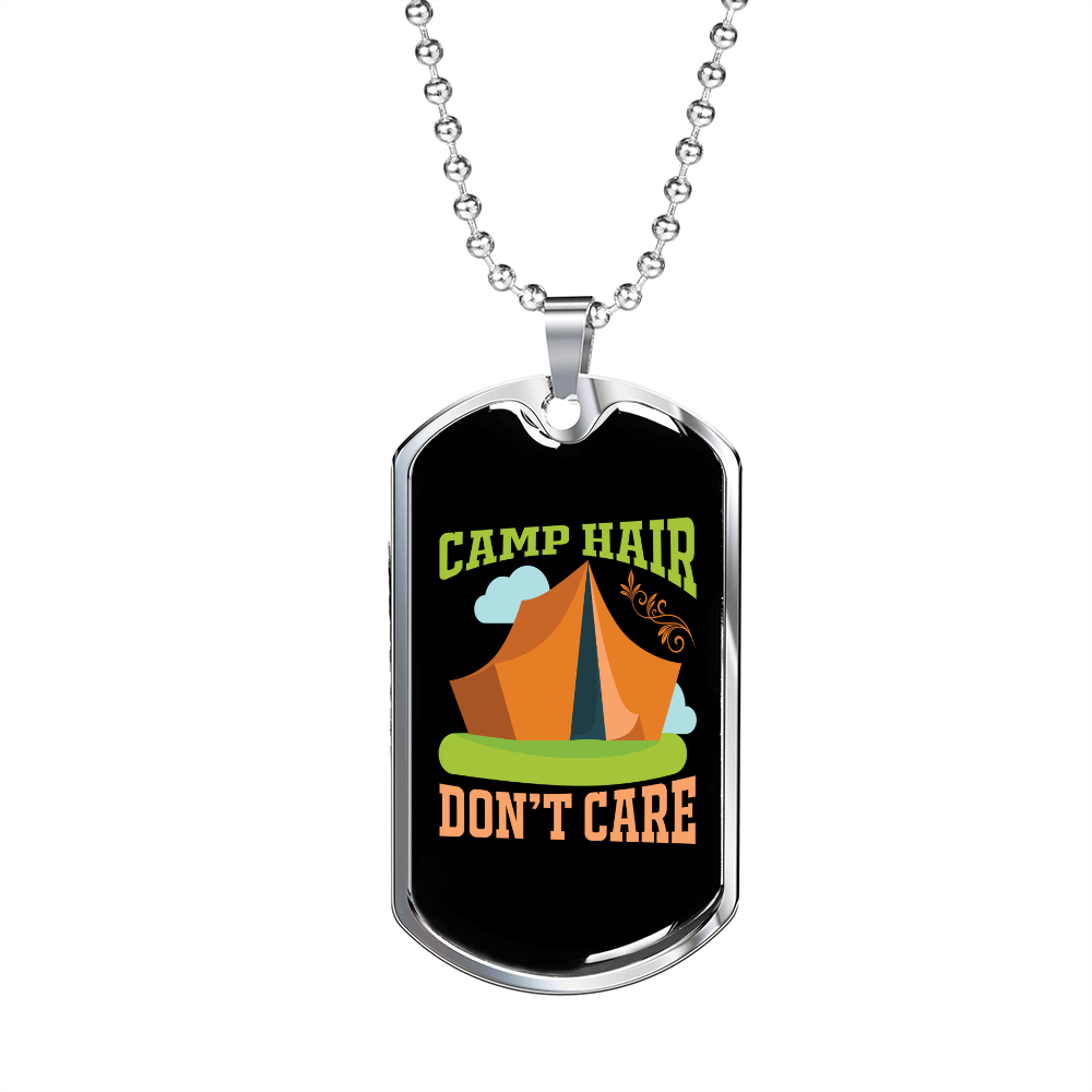 Camper Necklace Camp Hair Don't Care Tent Necklace Stainless Steel or 18k Gold Dog Tag 24" Chain-Express Your Love Gifts