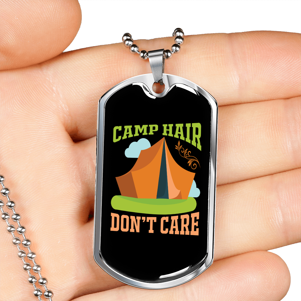Camper Necklace Camp Hair Don't Care Tent Necklace Stainless Steel or 18k Gold Dog Tag 24" Chain-Express Your Love Gifts