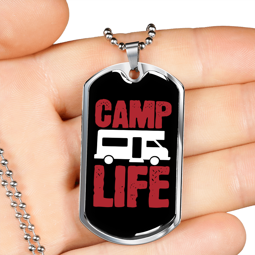 Camper Necklace Camp Life Camper Necklace Stainless Steel or 18k Gold Dog Tag 24" Chain-Express Your Love Gifts