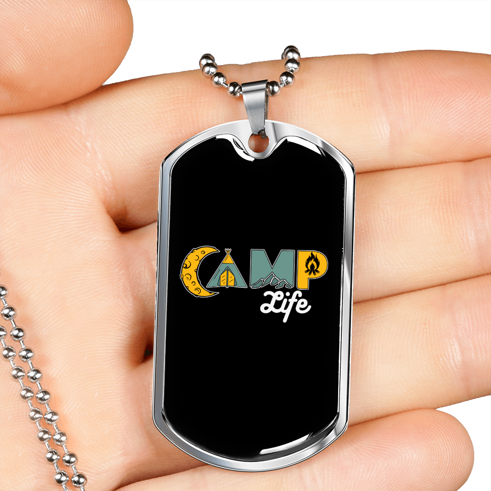 Camper Necklace Camp Life Camping Necklace Stainless Steel or 18k Gold Dog Tag 24" Chain-Express Your Love Gifts