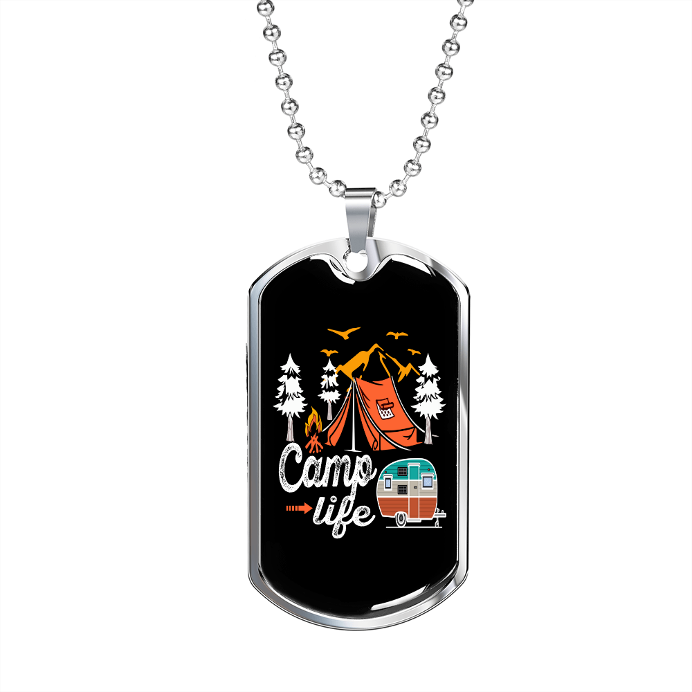 Camper Necklace Camp Life White Necklace Stainless Steel or 18k Gold Dog Tag 24" Chain-Express Your Love Gifts