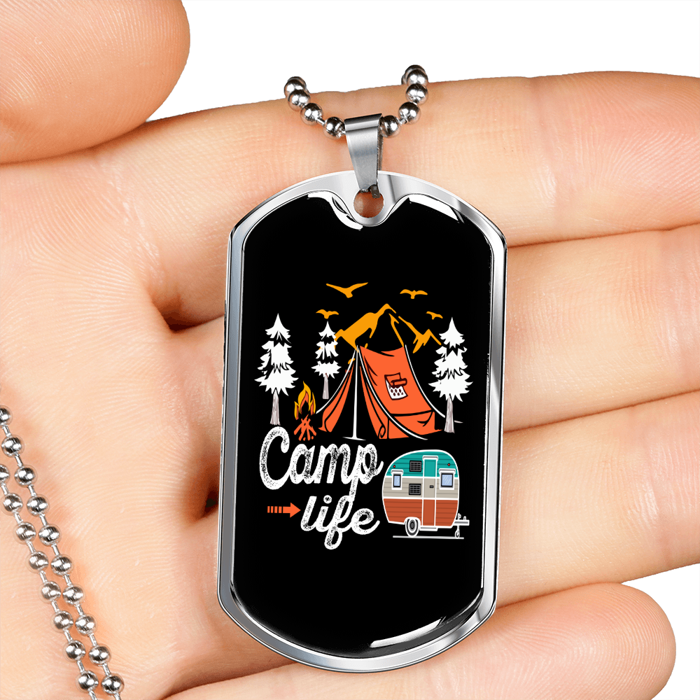 Camper Necklace Camp Life White Necklace Stainless Steel or 18k Gold Dog Tag 24" Chain-Express Your Love Gifts