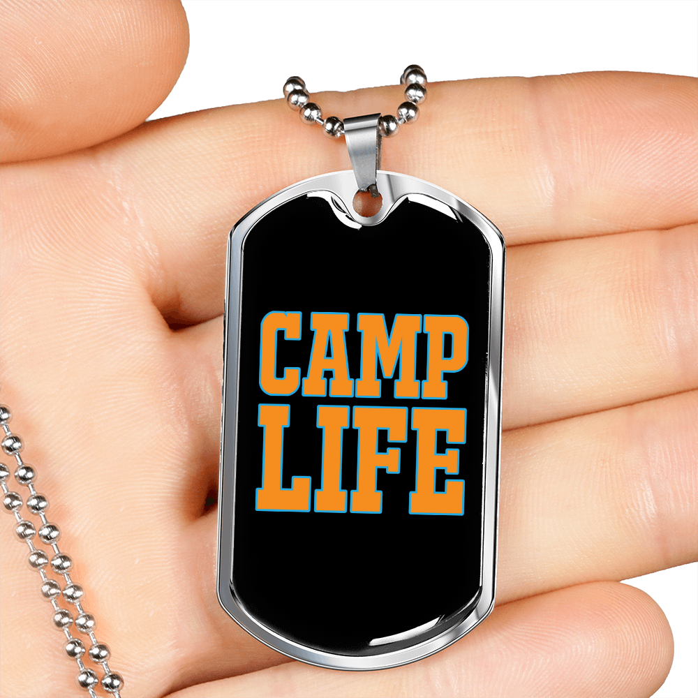 Camper Necklace Camp Life Yellow Necklace Stainless Steel or 18k Gold Dog Tag 24" Chain-Express Your Love Gifts