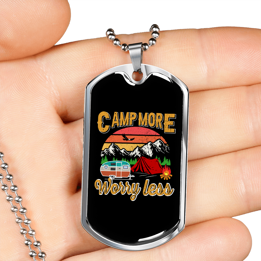 Camper Necklace Camp More Less Worry Necklace Stainless Steel or 18k Gold Dog Tag 24" Chain-Express Your Love Gifts