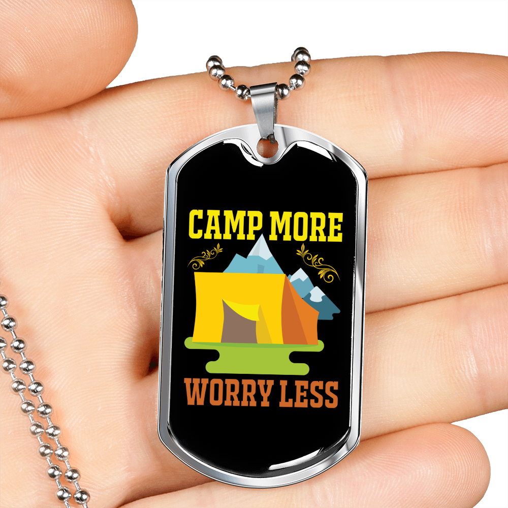 Camper Necklace Camp More Worry Less Necklace Stainless Steel or 18k Gold Dog Tag 24" Chain-Express Your Love Gifts