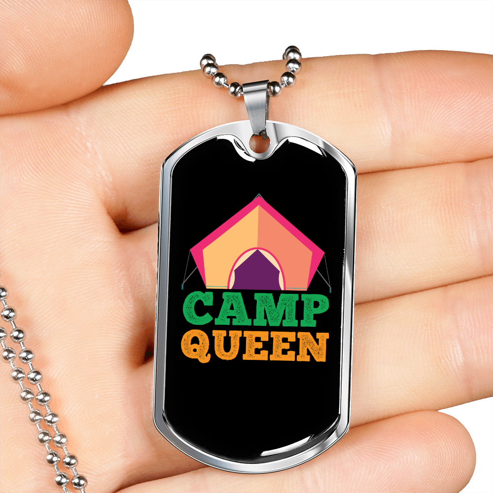 Camper Necklace Camp Queen Necklace Stainless Steel or 18k Gold Dog Tag 24" Chain-Express Your Love Gifts