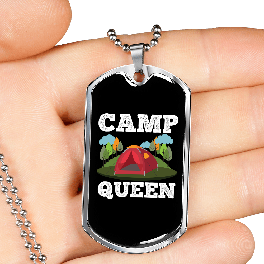 Camper Necklace Camp Queen Tent Necklace Stainless Steel or 18k Gold Dog Tag 24" Chain-Express Your Love Gifts