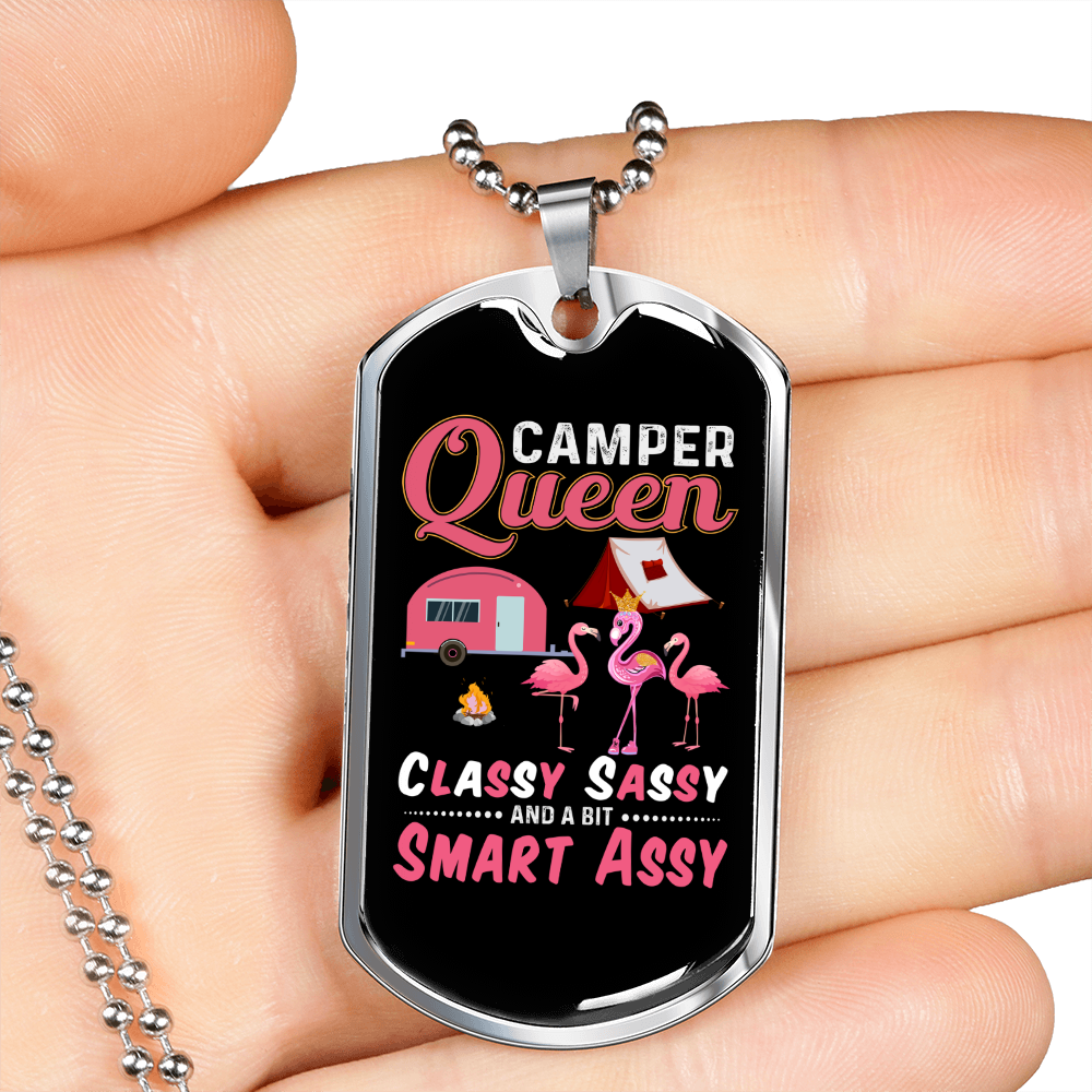 Camper Necklace Camper Queen Classy Necklace Stainless Steel or 18k Gold Dog Tag 24" Chain-Express Your Love Gifts
