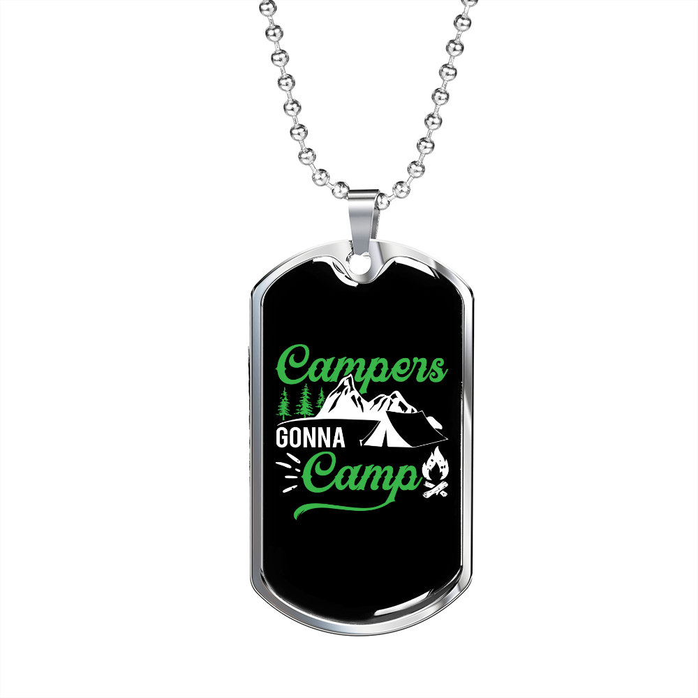 Camper Necklace Campers Gonna Camp Green Necklace Stainless Steel or 18k Gold Dog Tag 24" Chain-Express Your Love Gifts