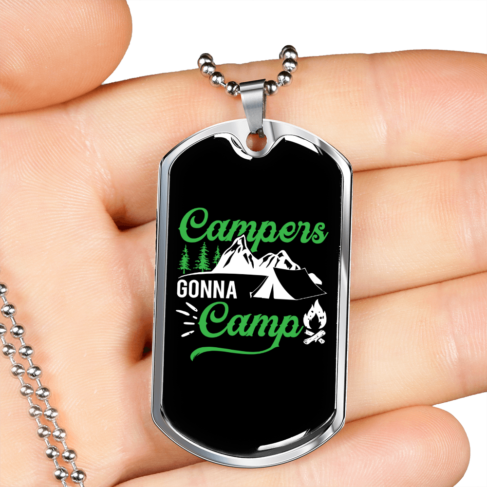 Camper Necklace Campers Gonna Camp Green Necklace Stainless Steel or 18k Gold Dog Tag 24" Chain-Express Your Love Gifts