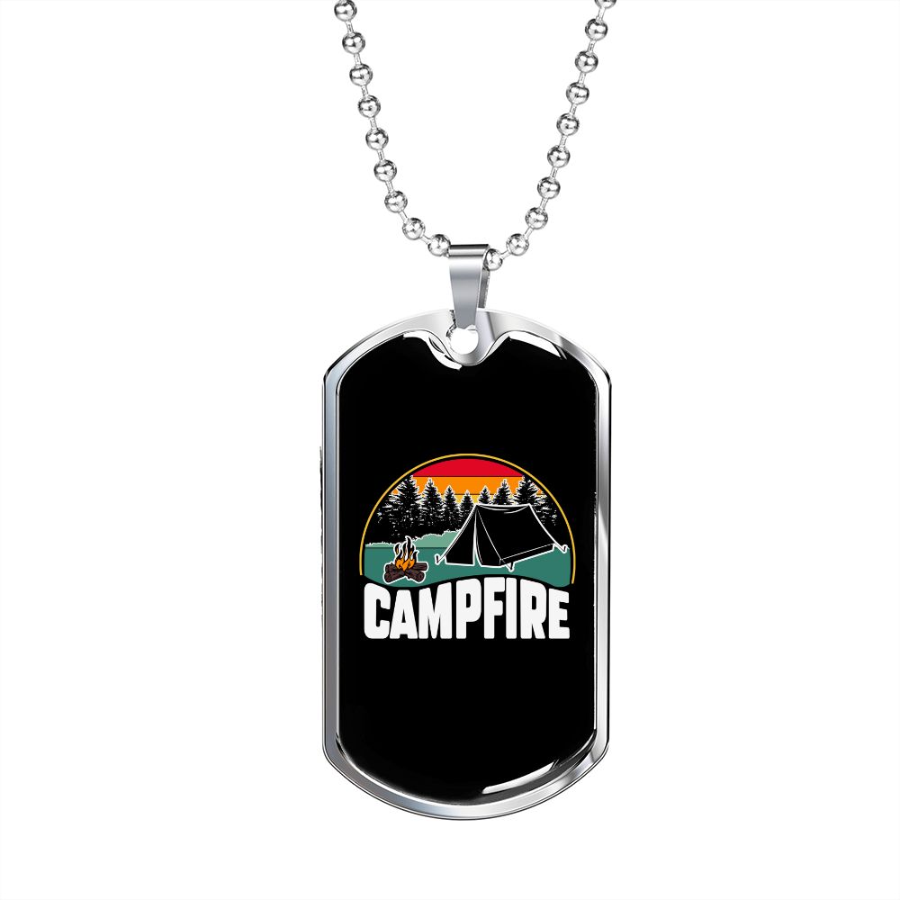 Camper Necklace Campfire Camping Necklace Stainless Steel or 18k Gold Dog Tag 24" Chain-Express Your Love Gifts