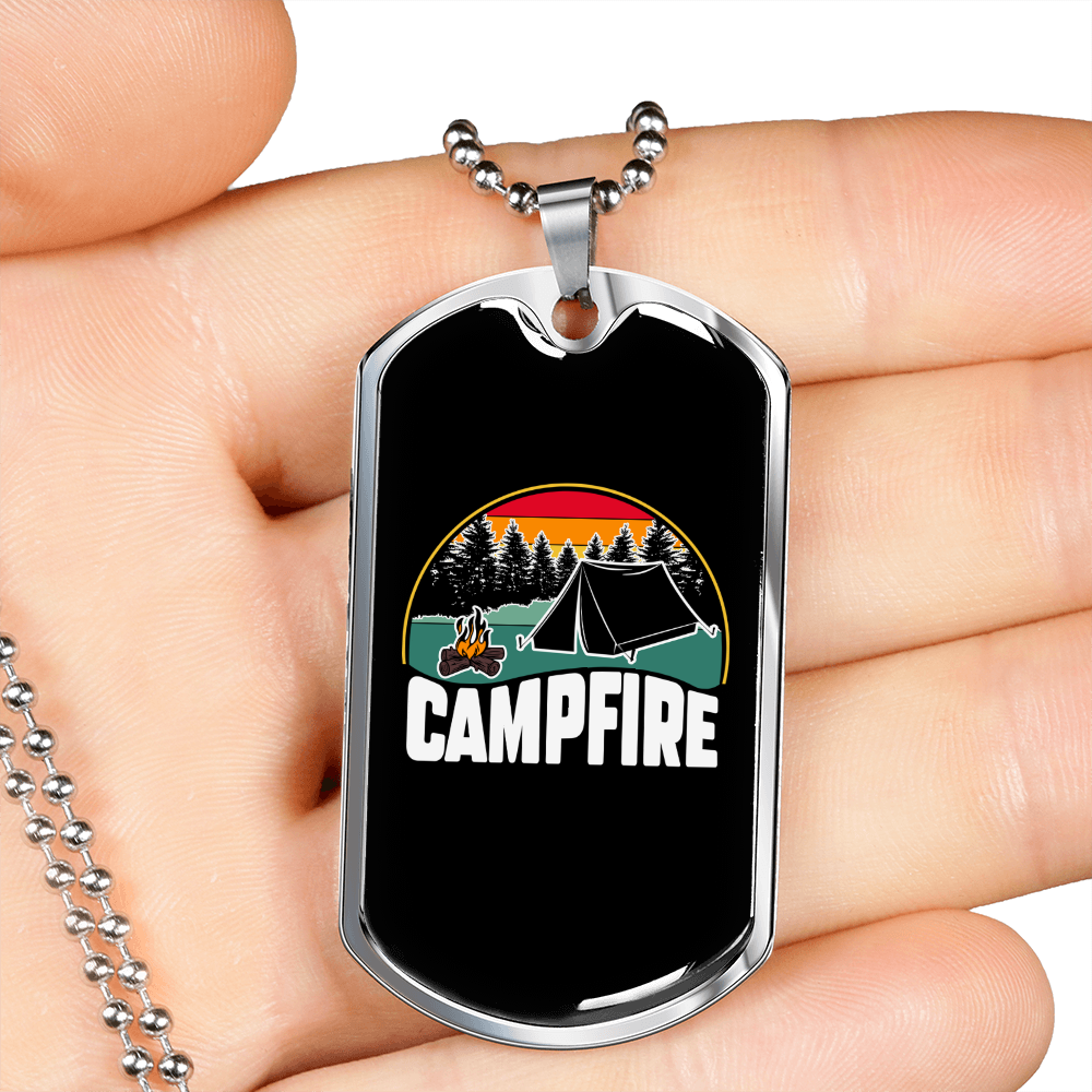 Camper Necklace Campfire Camping Necklace Stainless Steel or 18k Gold Dog Tag 24" Chain-Express Your Love Gifts