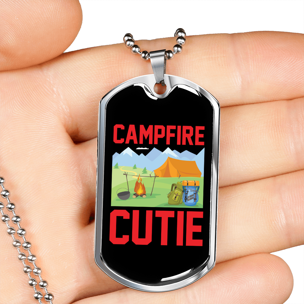 Camper Necklace Campfire Cutie Camping Necklace Stainless Steel or 18k Gold Dog Tag 24" Chain-Express Your Love Gifts