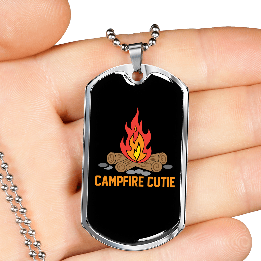 Camper Necklace Campfire Cutie Fire Necklace Stainless Steel or 18k Gold Dog Tag 24" Chain-Express Your Love Gifts