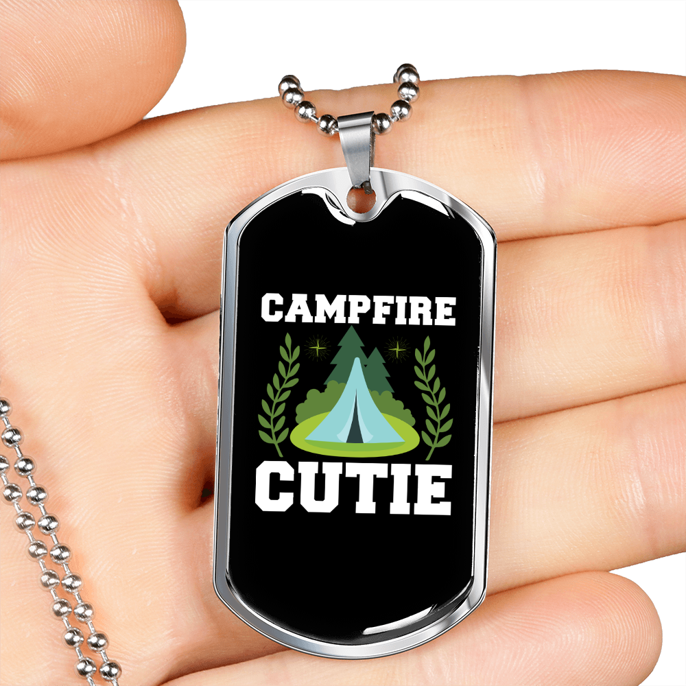 Camper Necklace Campfire Cutie Necklace Stainless Steel or 18k Gold Dog Tag 24" Chain-Express Your Love Gifts