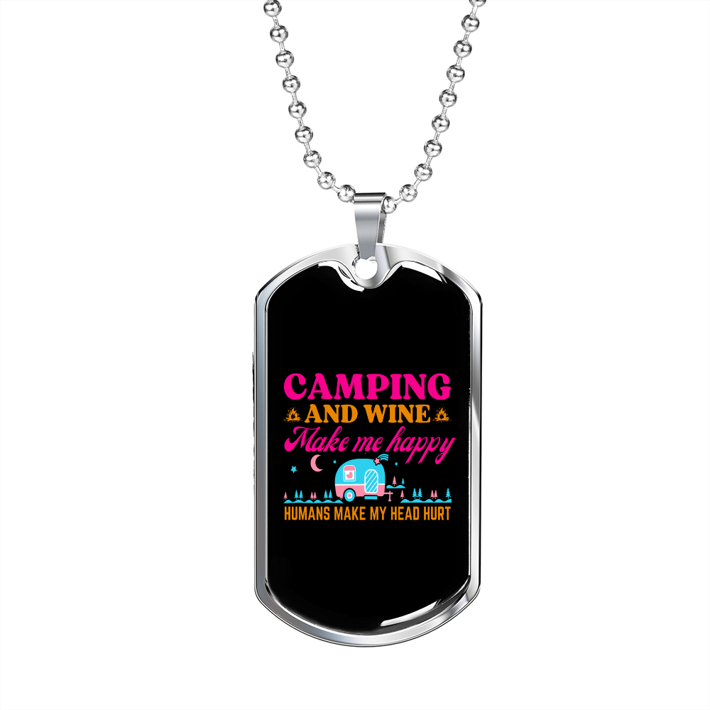 Camper Necklace Camping and Wine Necklace Stainless Steel or 18k Gold Dog Tag 24" Chain-Express Your Love Gifts