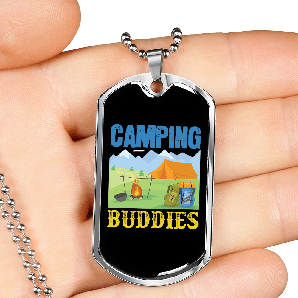 Camper Necklace Camping Buddies Campsite Necklace Stainless Steel or 18k Gold Dog Tag 24" Chain-Express Your Love Gifts