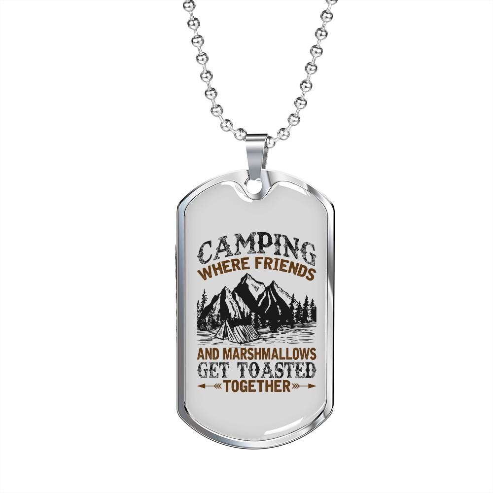 Camper Necklace Camping Friends & Marshmallows Necklace Stainless Steel or 18k Gold Dog Tag 24" Chain-Express Your Love Gifts